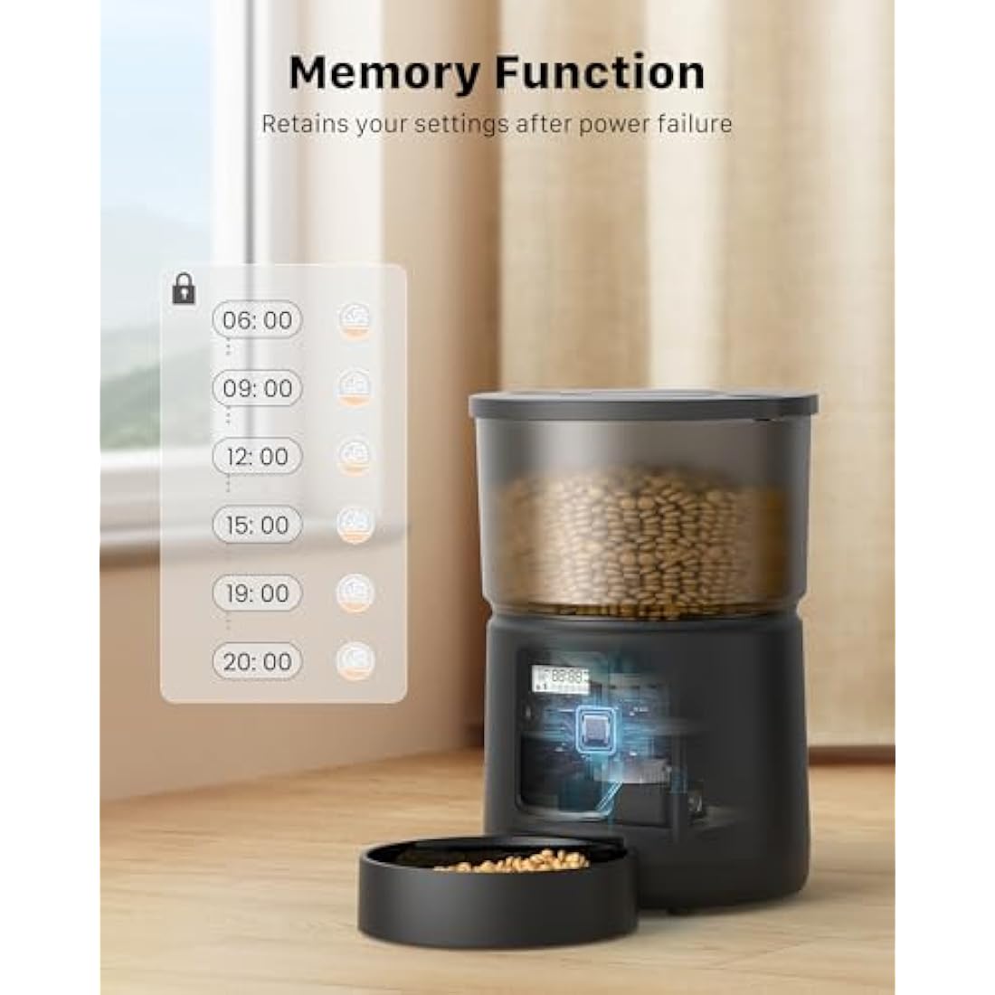 BEMOONY 5L Automatic Feeder, Food Dispenser with 1-6 Meals, Customized Feeding Schedule for Cats & Dogs, Dual Power Supply, Double Lock, 10s Voice Recording, Including Desiccant Bag