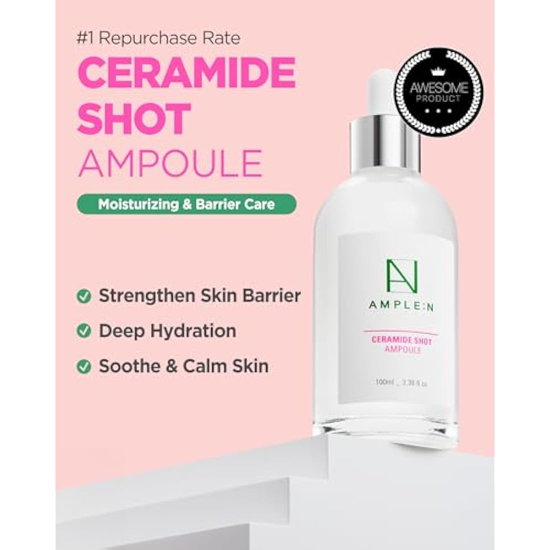 CORÉANA AMPLE:N Ceramide Shot Ampoule 3.38 fl. oz. (100ml) - Highly Concentrated Ultimate Hydrating Facial Serum for Dry and Rough Skin, Moisture-Locking, Reduced Wrinkles