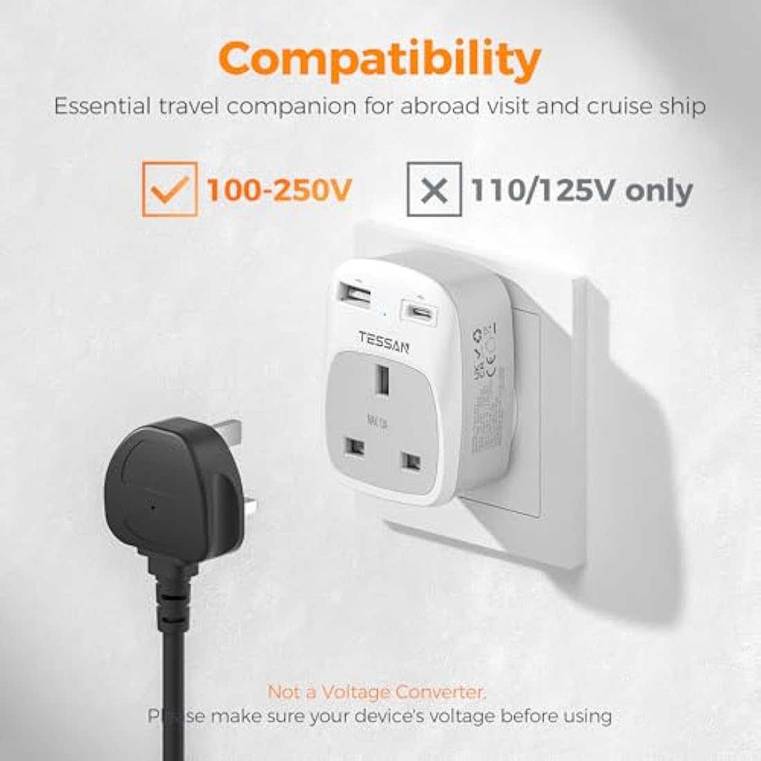 UK to South Africa Plug Adapter 2 Pack, TESSAN 3 in 1 Travel Adapter with 2 USB(1 USB C), South Africa Travel Plug for Namibia, Swaziland (Type M)