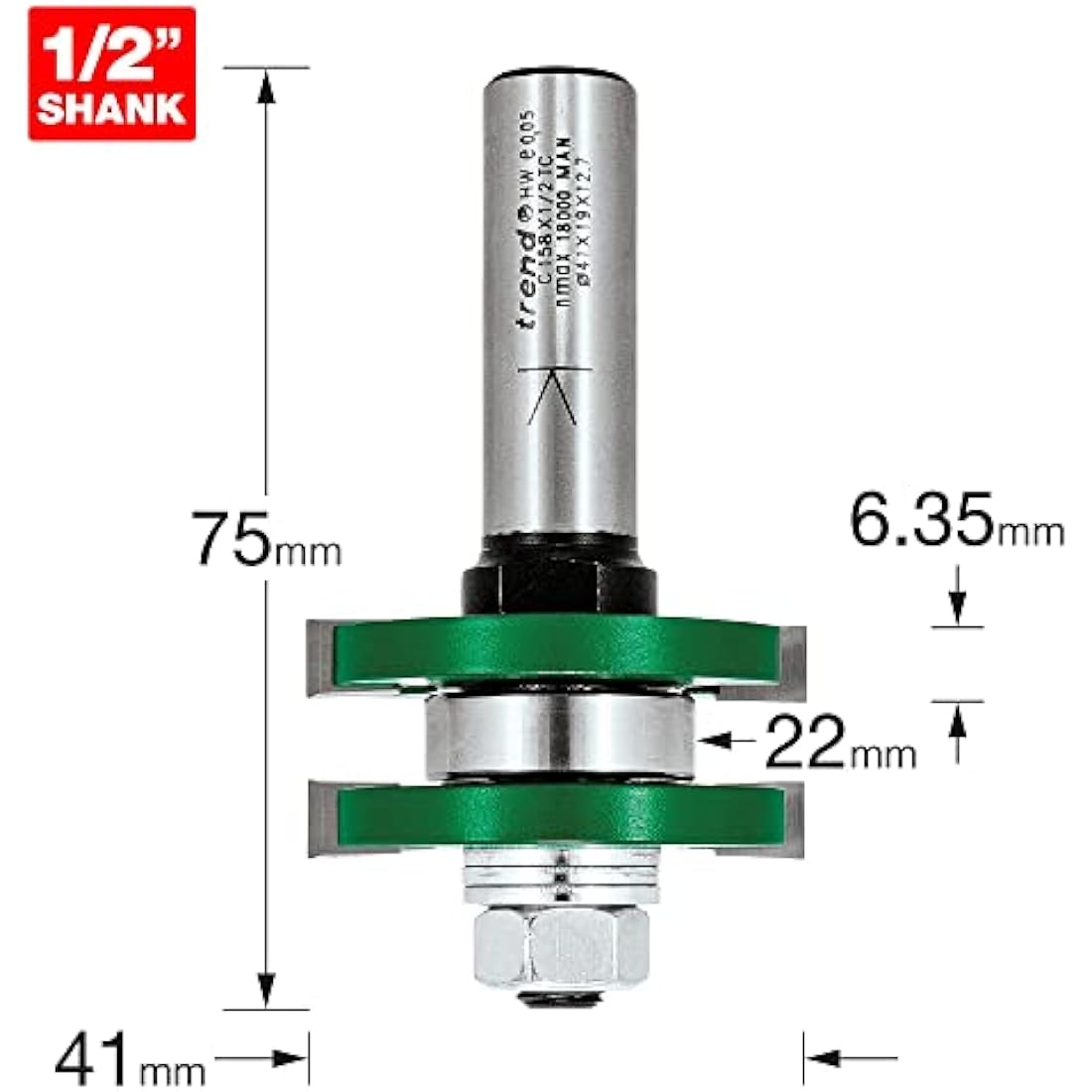 Trend CraftPro Tongue and Groove Router Cutter Bit, 1/2 Inch Shank, 3.2mm Cut Length and 9.5mm Cut Diameter, Tungsten Carbide Tipped, C158X1/2TC
