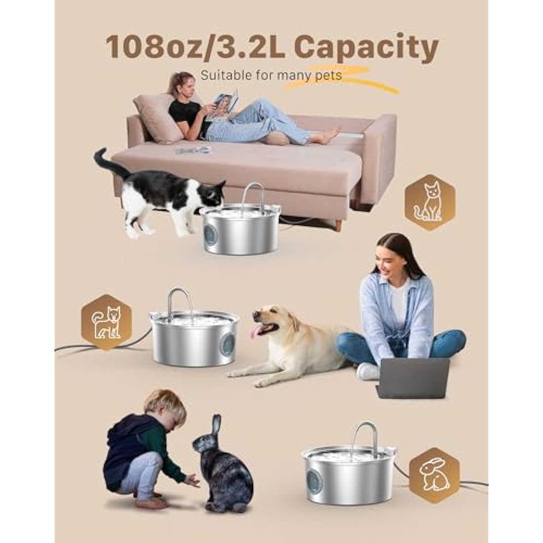 Cat Water Fountain for Drinking: Quiet Cat Water Fountain - 108oz/3.2L Cats fountain - Pet Waterer Fountains - 9 Filters - FOFNON