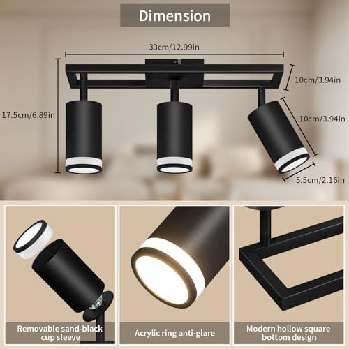 Dehobo GU10 Ceiling Lights LED Kitchen, Black Ceiling Spotlights 3 Flames Swiveling 350°, Ceiling Spotlight Bar Spotlighting for Kitchen Bedroom Living Room, No Bulb