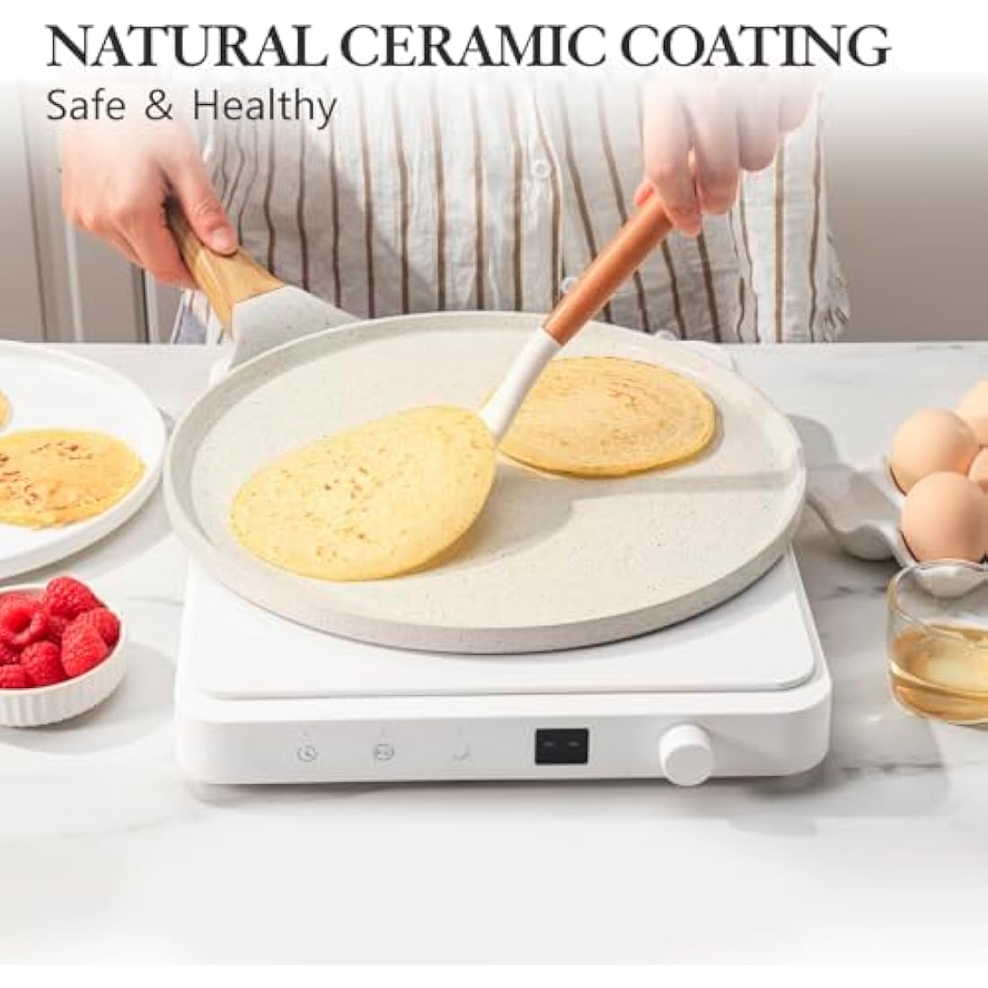 SENSARTE Nonstick Pancake Pan with Spreader, 26cm Swiss Ceramic Coating Dosa Pan Crepe Pan Flat Skillet Tawa Griddle with Stay-Cool Handle, Induction Compatible (White)
