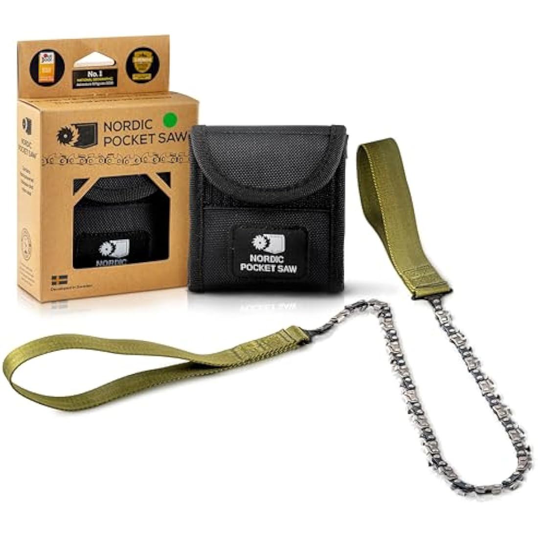 Nordic Pocket Saw for Camping - 65 cm Pocket Chainsaw with 33 Bi-Directional Teeth - Handy Backpacking Saw with Extra Large Nylon Handle Loops - Survival Chainsaw for Clearing Trails