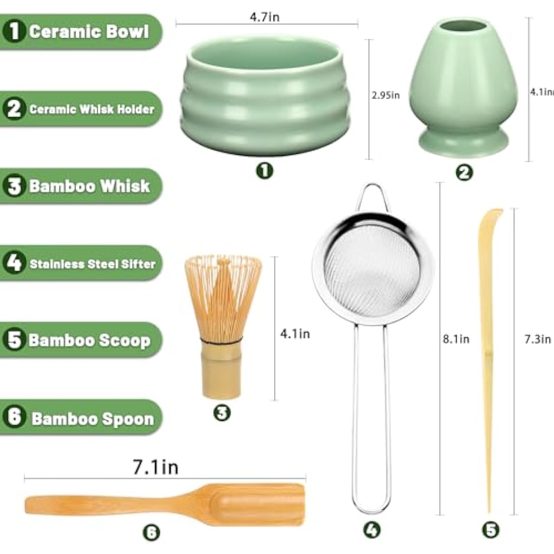 Geebuzz Matcha Whisk Set - Matcha Bowl and Bamboo Matcha Whisk, Scoop, Spoon, Sifter, Whisk Holder, 6pcs Perfect Matcha Starter Kit for Matcha Tea Ceremony (Green)