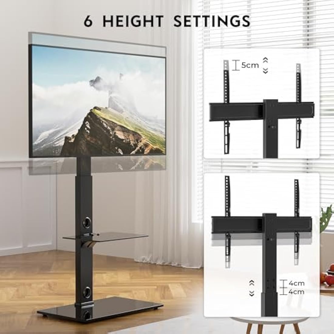 BONTEC Universal Floor TV Stand for 30-70 inch LED OLED LCD Plasma Flat Curved Screens, Height Adjustable Tall TV Stand with 2-Tier Tempered Glass Shelves up to 40KG, Max VESA 600x400mm