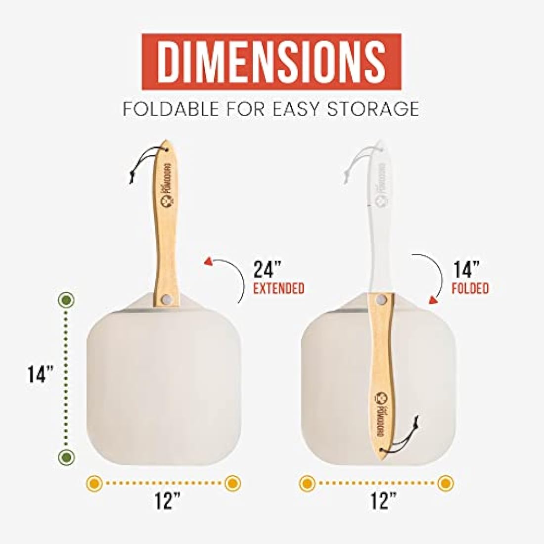 Chef Pomodoro Pizza Peel, Pizza Paddle with Safety Backstep and Foldable Wood Handle for Easy Storage, Metal Pizza Peel for Baking Homemade Pizza (30.5 x 35.6 cm + 35.5 Cutter)