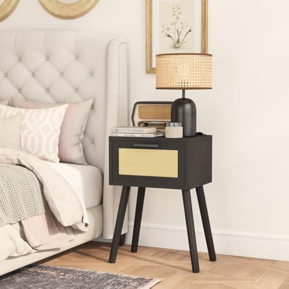 YMYNY Nightstand Set of 2, End Table, Small Bedside Table, Handmade Rattan Decorated Drawer, Solid Wood Legs, 35×27×53cm, Modern Side Table for Bedroom, Living Room, Black HST010B-2