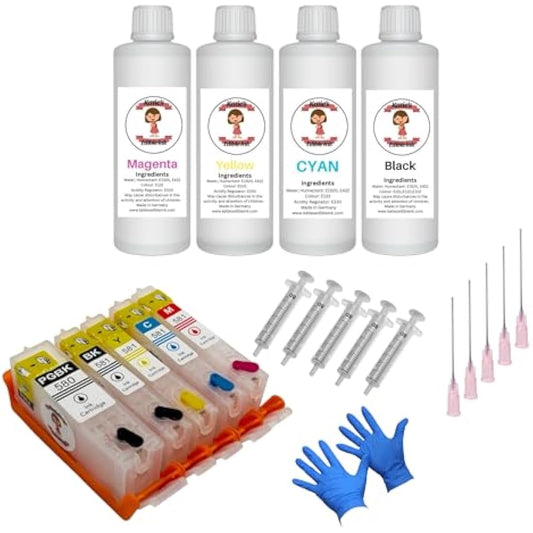 Refillable Katie's Edible PGI-580BK / CLI-581 BK/C/M/Y Ink Cartridges 580xl / 581xl Compatible With Canon TS705 Printer Full Set With Auto Reset Chips