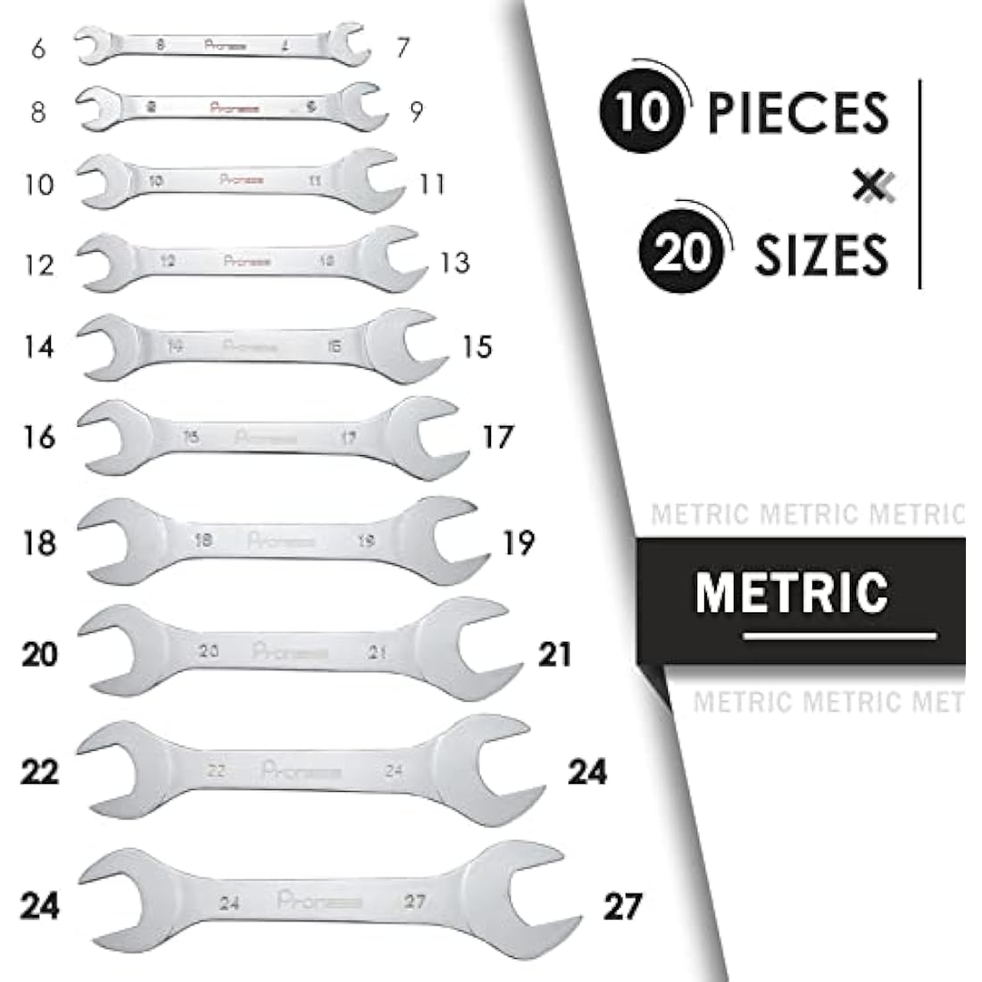 Pronese 10 Pack Super-Thin Open End Wrench Set,Carbon Steel with Mirror Polish,Metric,Including 6~27mm, Placed in A Rolling Pouch