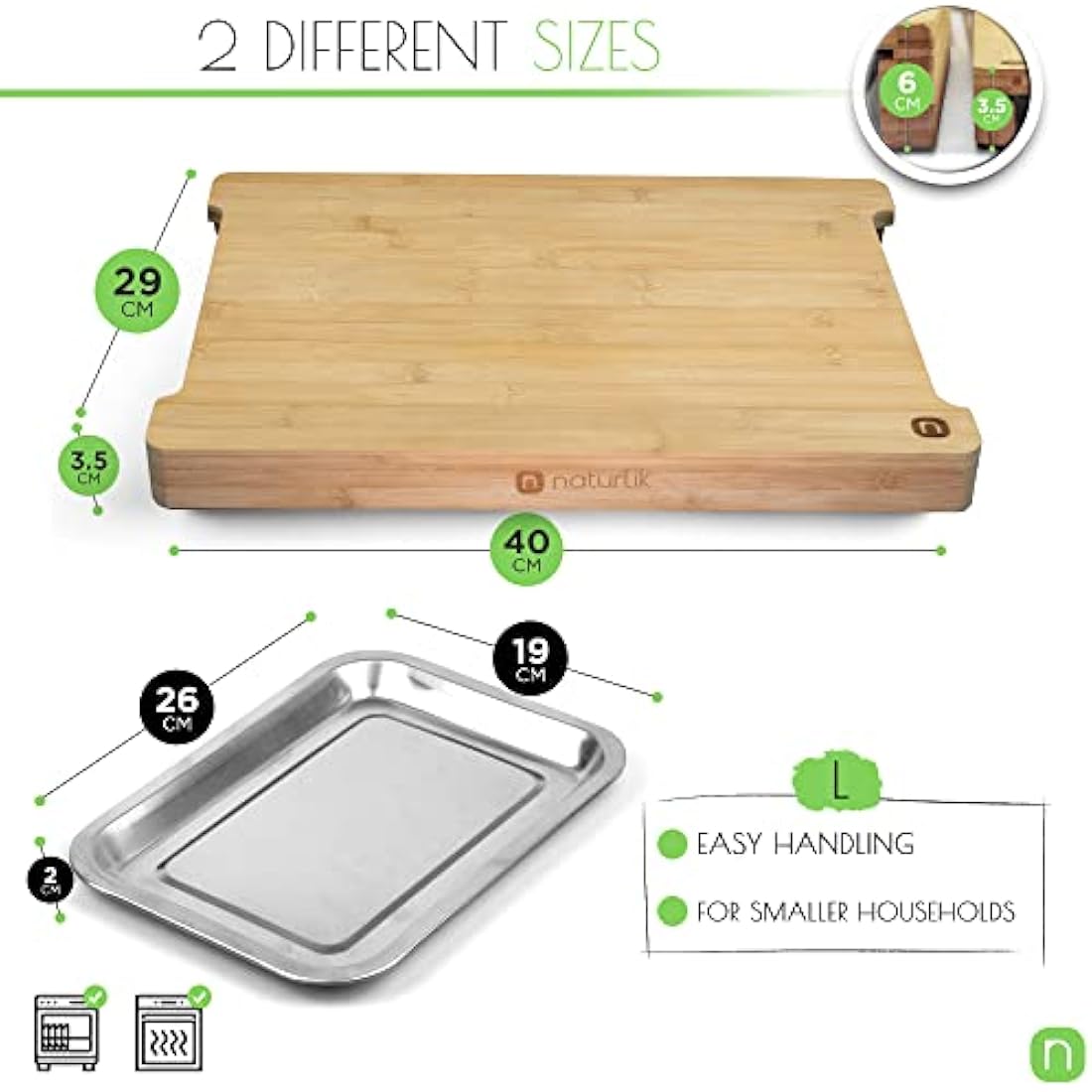 Naturlik Chopping Board Made of Bamboo Wood with 2 Magnetic Pull-Out Trays | Practical Kitchen aid: Waste to Left – Food to The Right