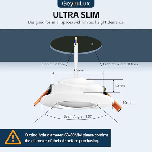 GeyouLux 3CCT LED Recessed Spotlight Dimmable 230V 4.9W IP44 Bathroom Spotlight 68-80 mm 45 Rotatable Extra Flat Round White Ceiling Light for Living