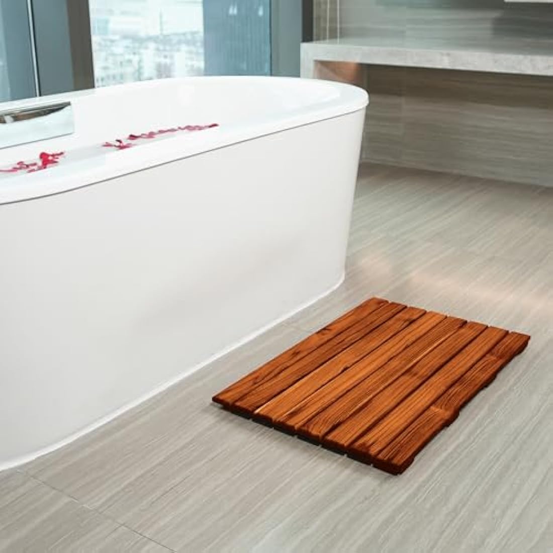 VaeFae Teak Shower Mat, Non-Slip Bath Mat, Luxury Spa Mat, Wooden Mat for Bathtub, 66 x 43.2 cm