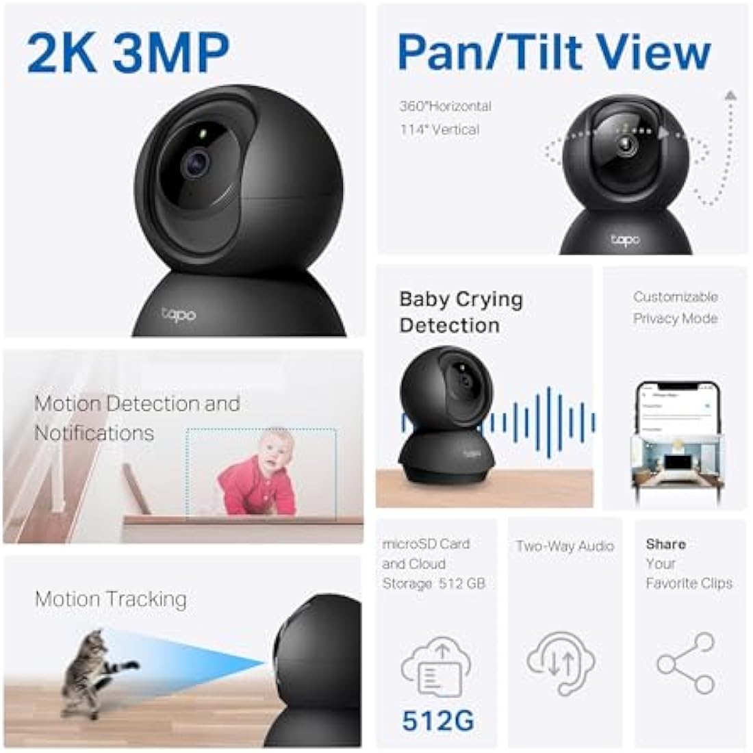 Tapo C211 2K 3MP Pan/Tilt Indoor Camera House Security Camera, WiFi Camera, No Monthly Fee, AI Detection, Dog Camera, Baby Camera Monitor, CCTV, 360° View, Night Vision, Works with Alexa & Google