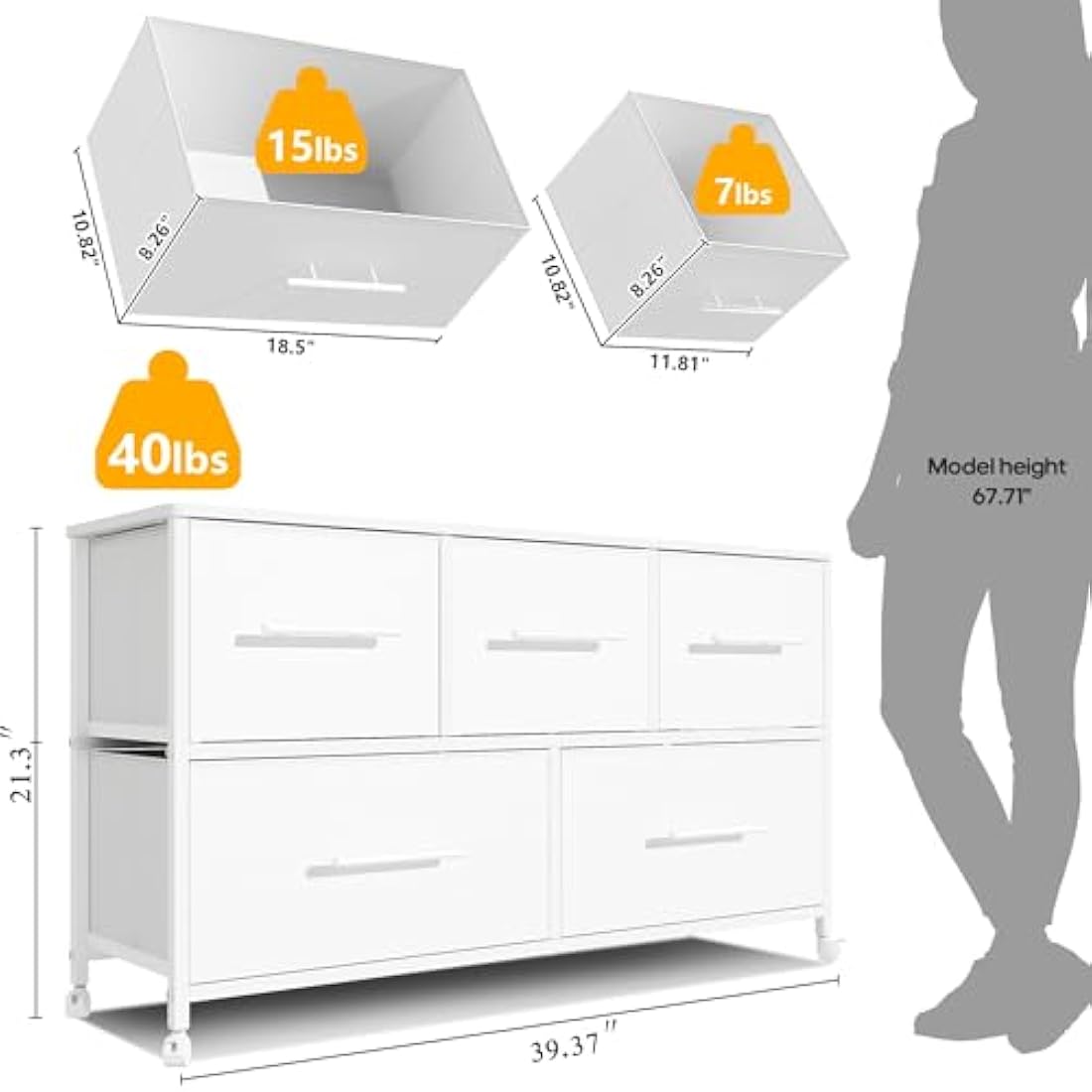 MYGIIVOVO Chest of Drawers, Dresser for Bedroom with 5 Fabric Drawers, TV Stand with 4 Castors, Storage Organizer Unit for Living Room Kids Room (White)