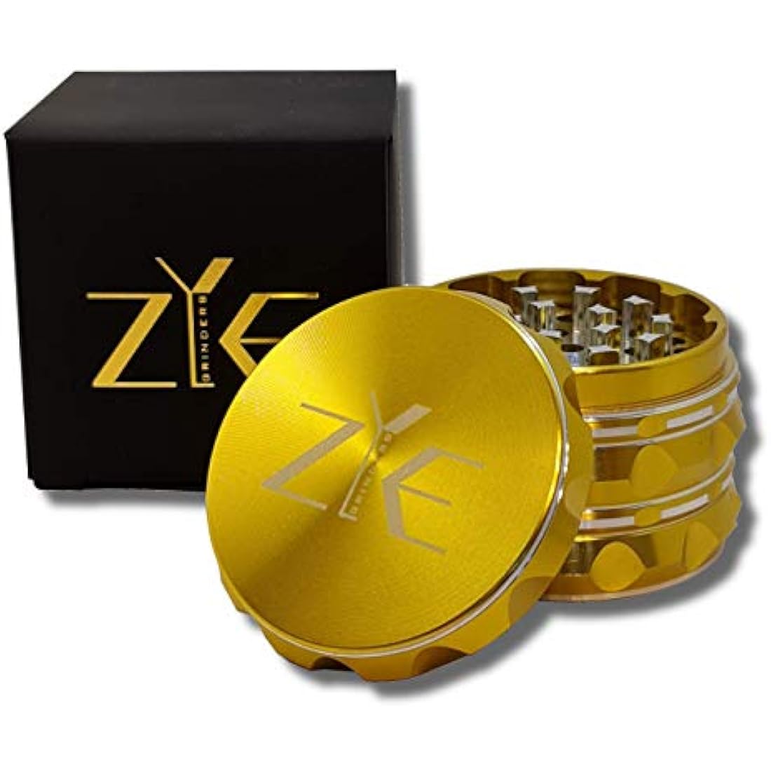 ZYE Herb Grinder – Quality Aluminium w/Ultra Sharp Teeth – Large 2.5" 4 Piece w/Twist & Lock Storage Layer – No Flaking and Non-Stick - Gold