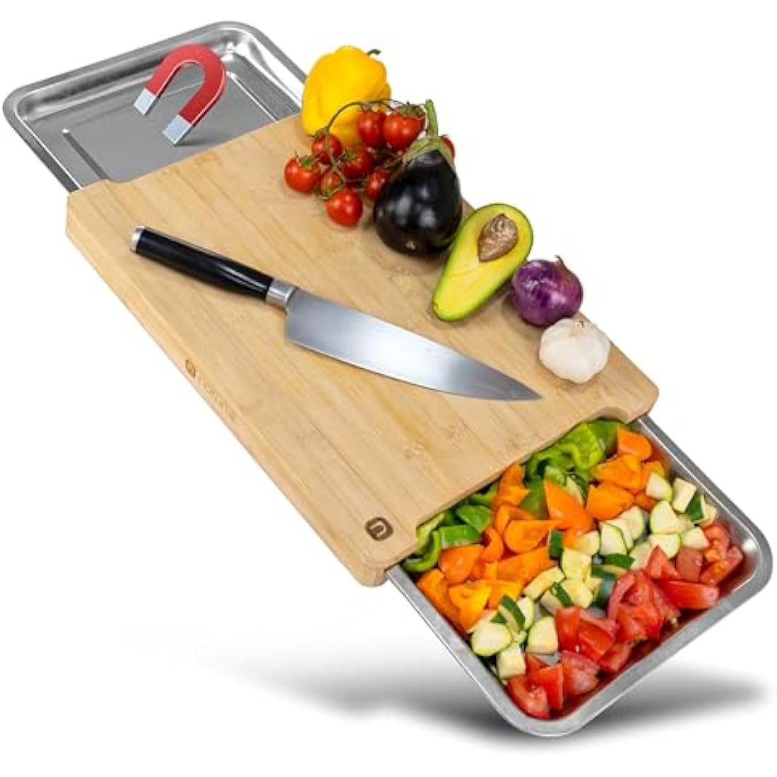Naturlik Chopping Board Made of Bamboo Wood with 2 Magnetic Pull-Out Trays | Practical Kitchen aid: Waste to Left – Food to The Right