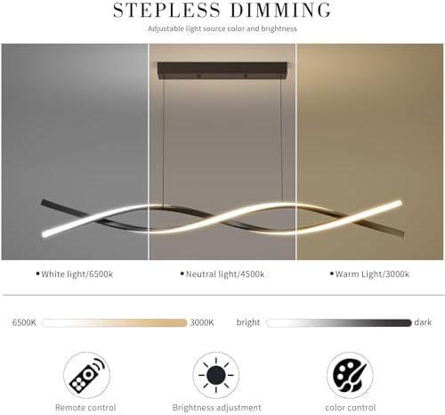 Mikeru 100CM Wave Pendant Light, 10%-100% Dimmable, Remote Control for 3 Colors Light 3000K/4500K/6000K, Black Kitchen Island Lights for Dining Room, Living Room