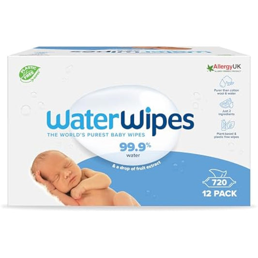 WaterWipes Sensitive+ Newborn & Baby Wipes, 720 Count (12 Packs), 3-In-1 Cleans, Cares, Protects, 99.9% Water, Unscented