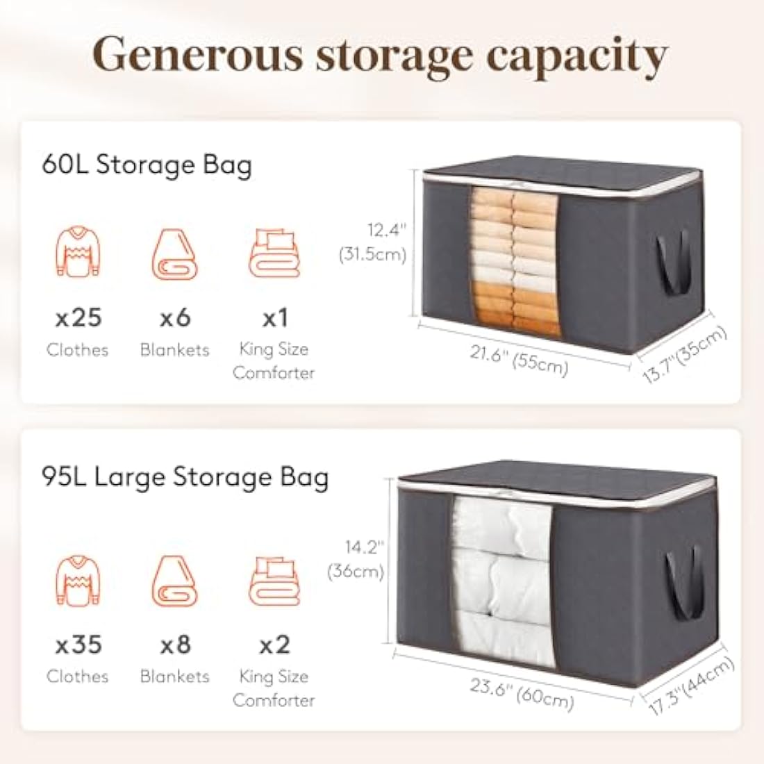 Lifewit Large Capacity Clothes Storage Bag Organizer with Reinforced Handle Thick Fabric for Comforters, Blankets, Bedding, Foldable with Sturdy Zipper, Clear Window (Grey, 10 Pack)