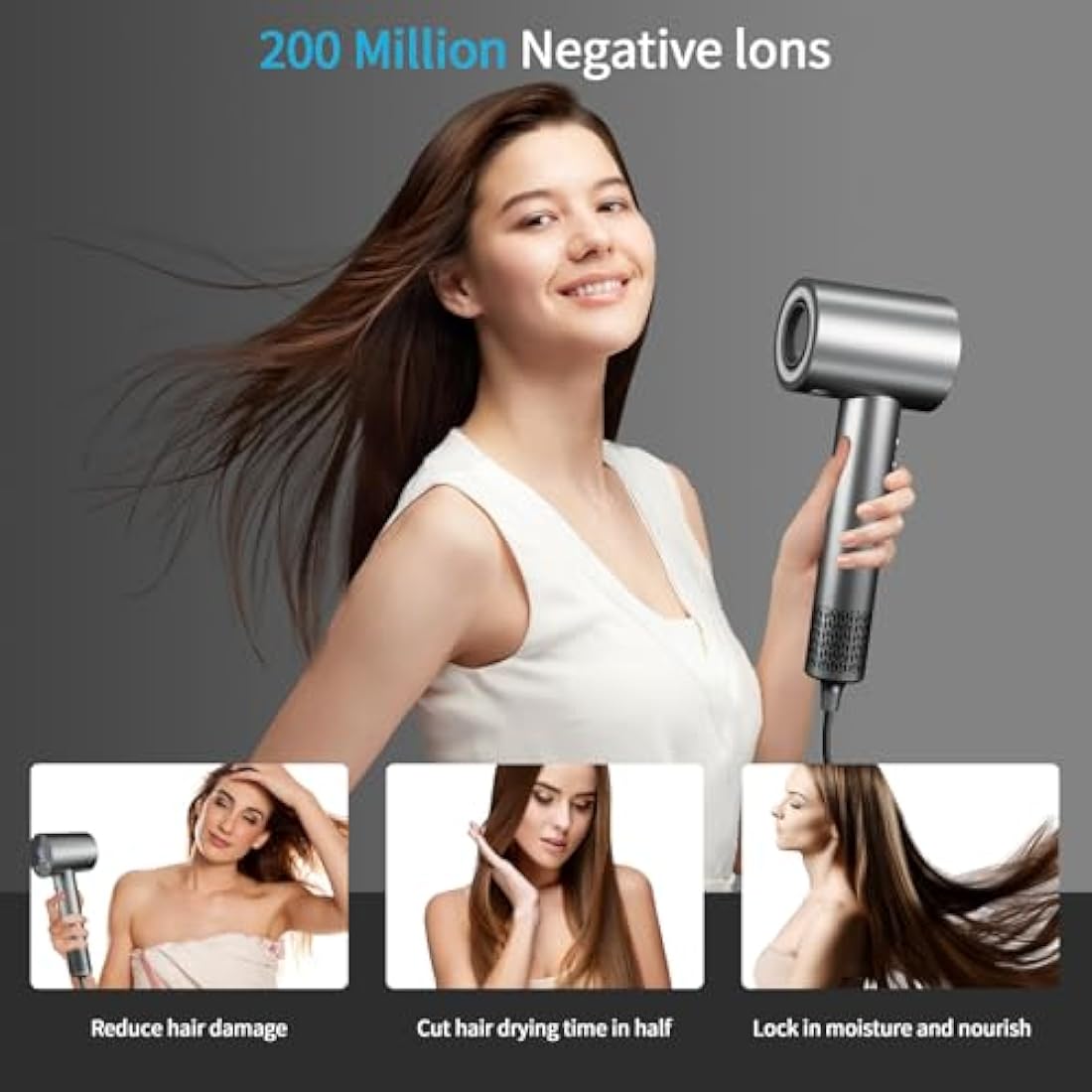 BAMCOO Hair Dryer Hairdryer Travel Hairdryers for Women Ionic Silent Hairdryer 1500W HD Display Temperature Touchscreen Low Noise Ion Hair Dryer 4 Temperature Settings (Grey)