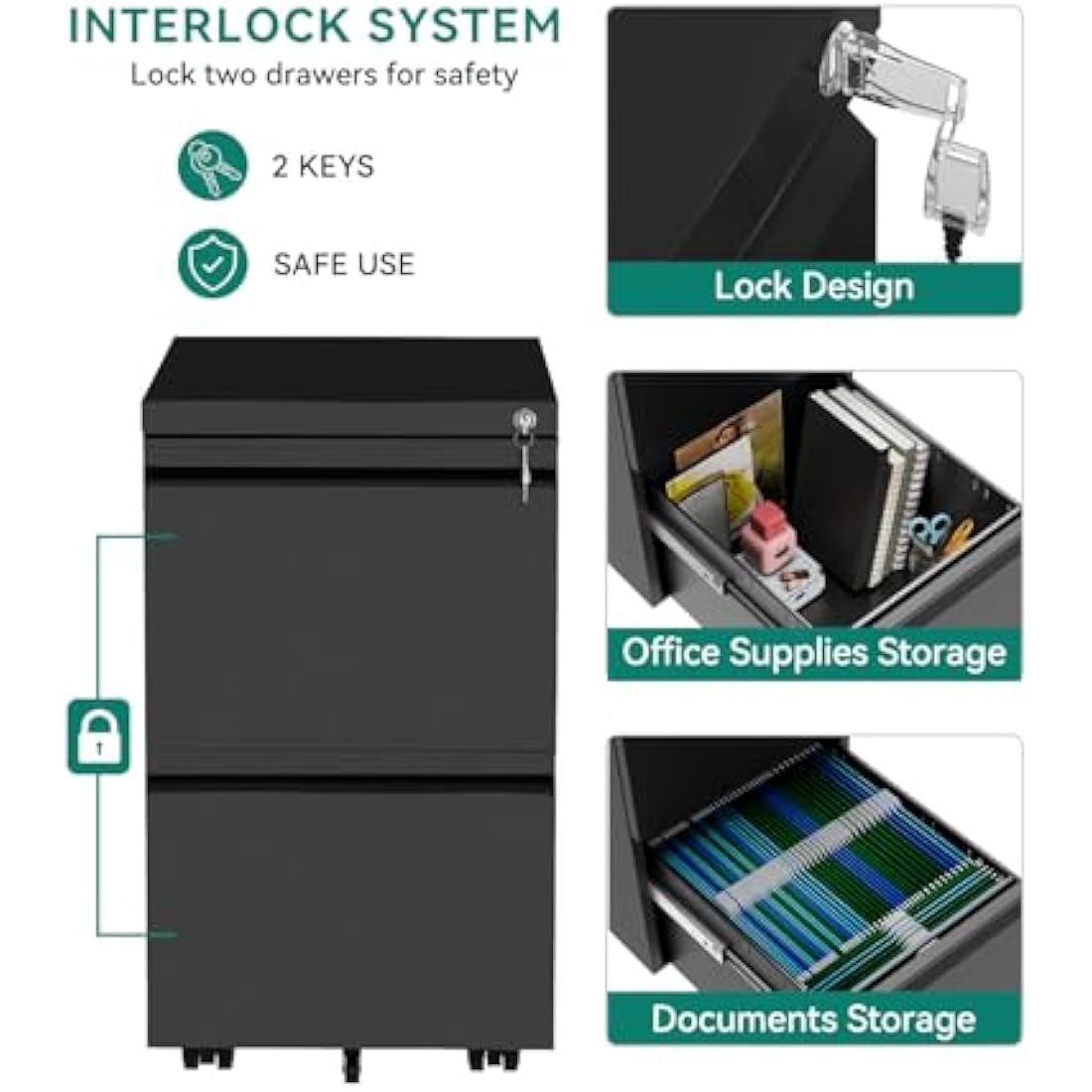 YITAHOME Mobile Filing Cabinet with 2 Lockable Drawers, Anti-tipping Rolling Filing Cabinet with Wheel for Home Office, Under Desk File Storage Cabinets for Letter/Legal/A4 Size, Black, 51 x 39 x 71cm