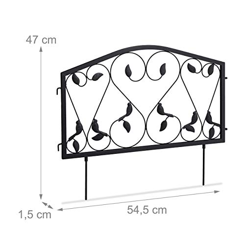 Relaxdays Garden Edging, 4 Piece Set, HxW: 33 x 225 cm, Flowerbed Border Fence, Push-In, Iron, Leaf Design, Black