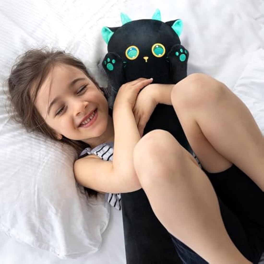Mewaii 20in Long Cat Plush Pillows Stuffed Animals Squishy Pillows - Plushie Cute Big Green Eyes Sleeping Hugging Plush Pillow Soft Toys for Kids(Black)