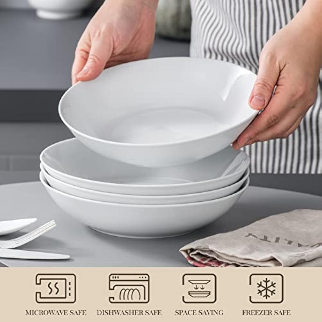 MALACASA, Series Regular, 8'' Pasta Bowl, Porcelain Salad Pasta Bowl, Large Ceramic White Soup Bowl Set, Serving Plates for Salad Pasta Soup Fruit, Microwave Dishwasher Safe, Set of 4