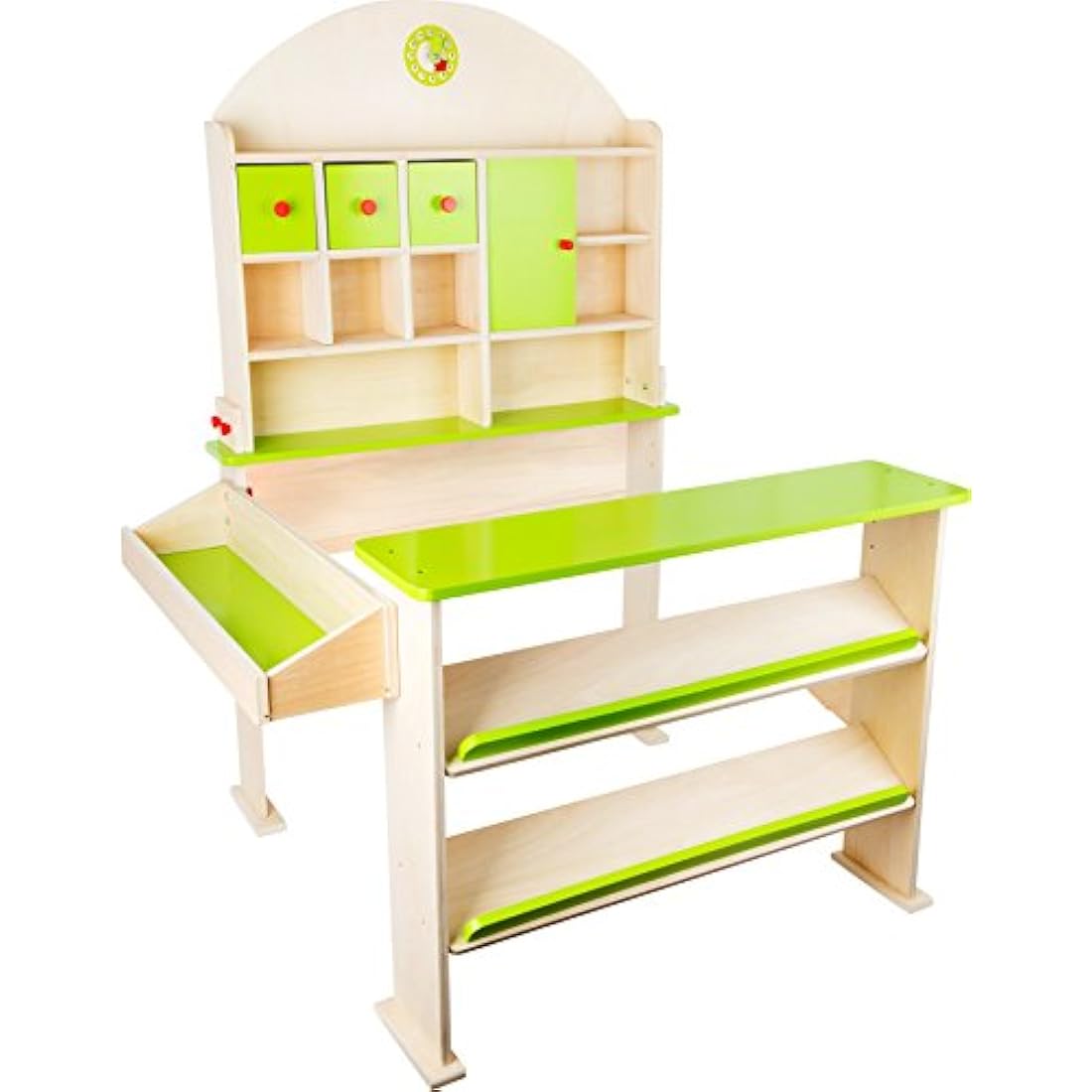 small foot 10587 "Market day" wooden stall with compartments and doors for goods of the merchant shop, from 3 years old