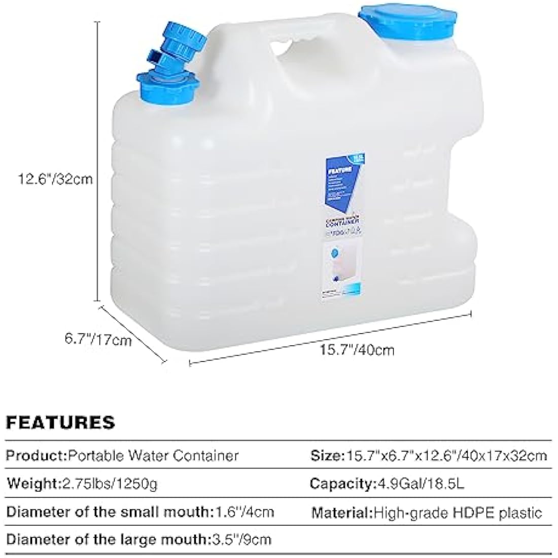 REDCAMP 15L/18.5L Camping Water Container with Tap, Portable Water Bottle Carrier with Spigot for Camping Hiking Outdoor