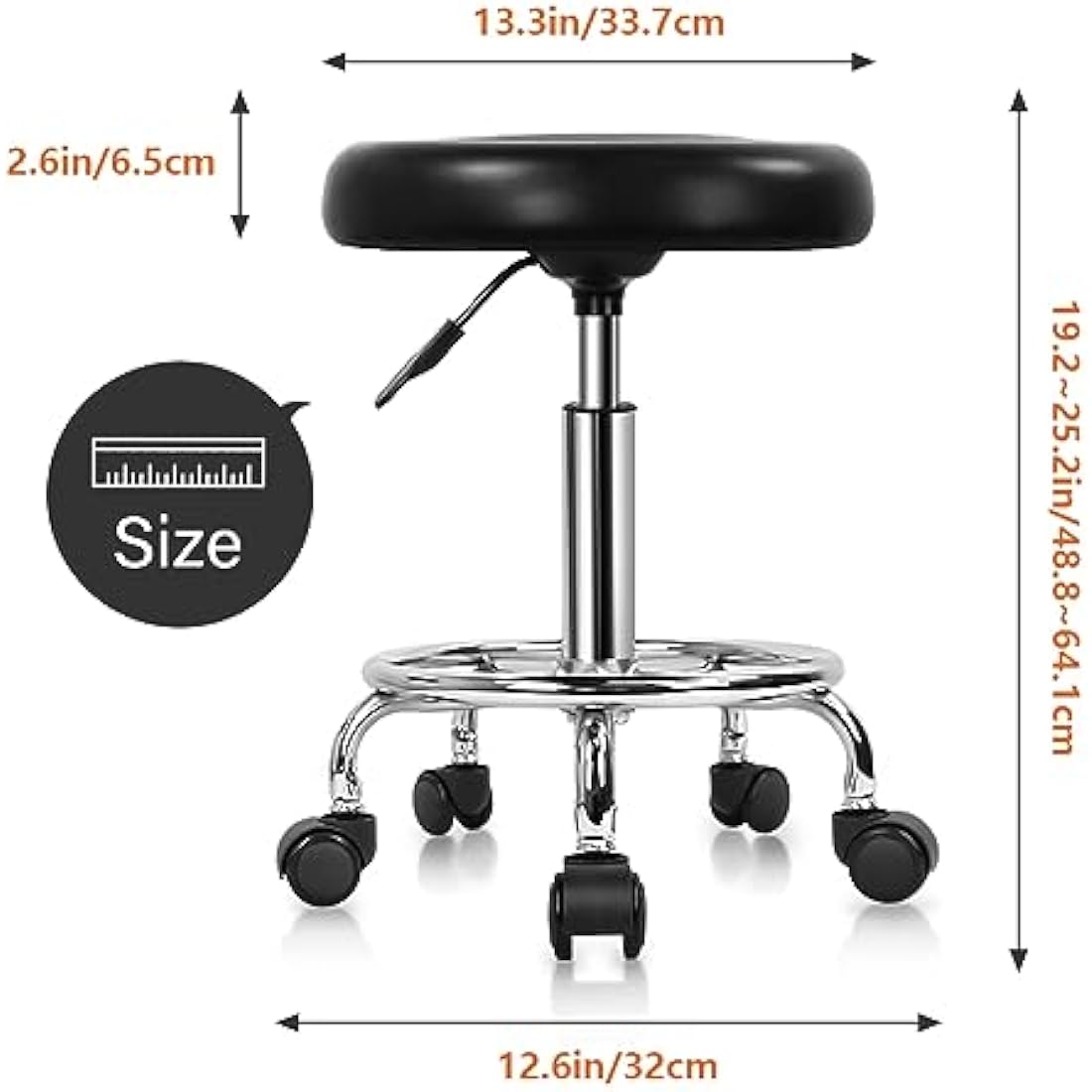 KKTONER PU Leather Round Rolling Stool with Foot Rest Swivel Height Adjustment Spa Drafting Salon Tattoo Work Office Massage Stools Task Chair (Black)