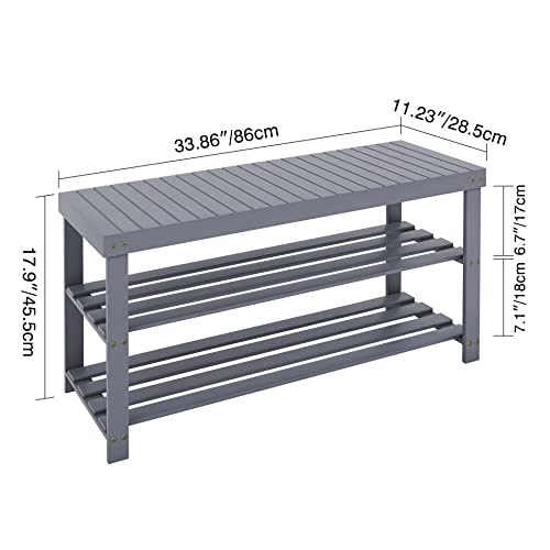SMIBUY Bamboo Shoe Rack Bench, 3-Tier Shoe Organizer Storage Shelf for Entryway Hallway Bathroom Living Room (Grey)