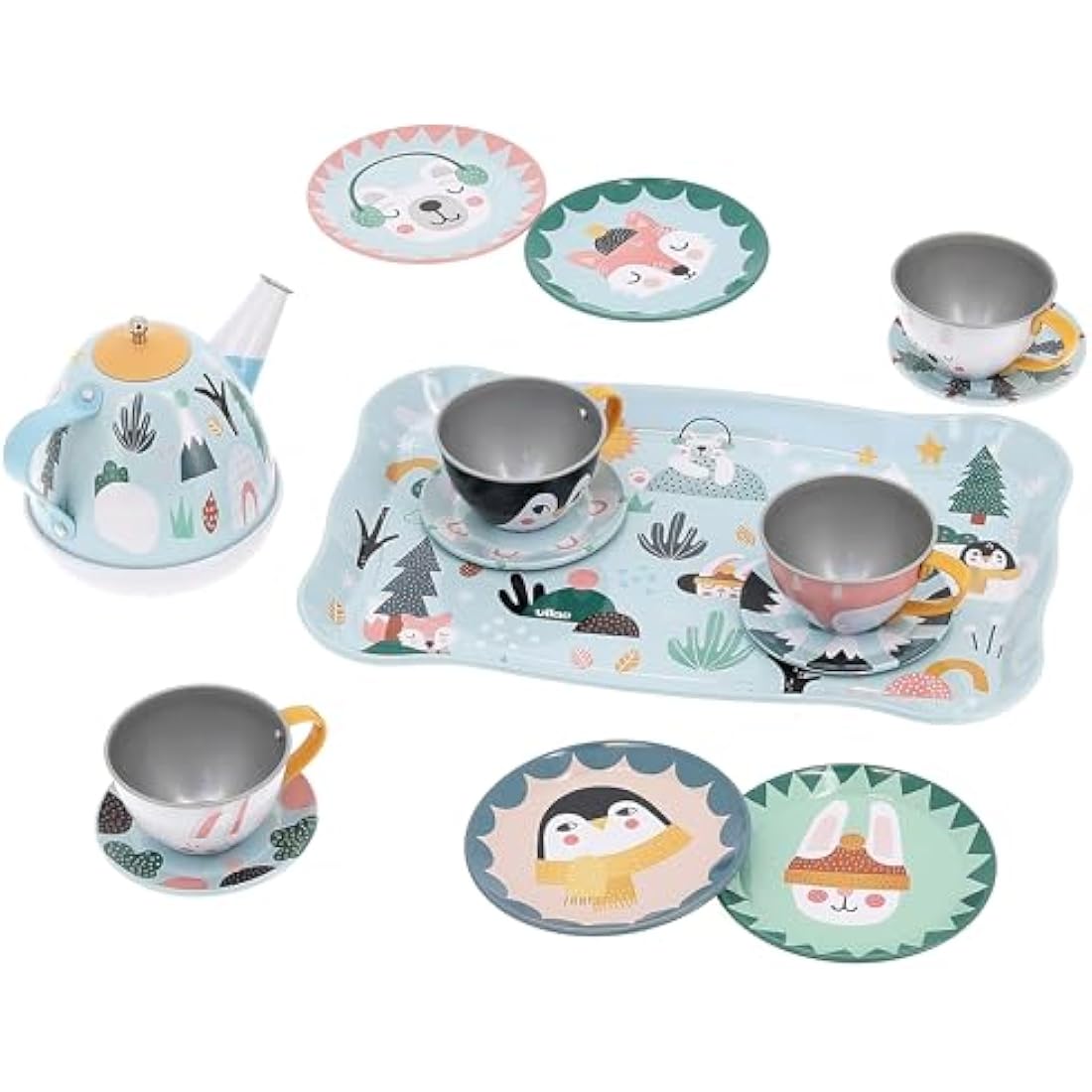 Vilac Musical Metal Tin Tea Set, Kitchen Pretend Play, Iceland Theme Illustrated By Graphic Designer Michelle Carlslund, 14 Pieces, 3 Years+