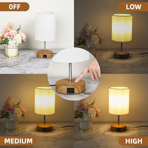 Aomeya Touch Bedside Table Lamp, Dimmable Touch Control Nightstand Lamps with USB-C＆USB-A Charging Ports,with White Fabric Shade for Bedroom Living Room Office,Dimmable Bulb Included