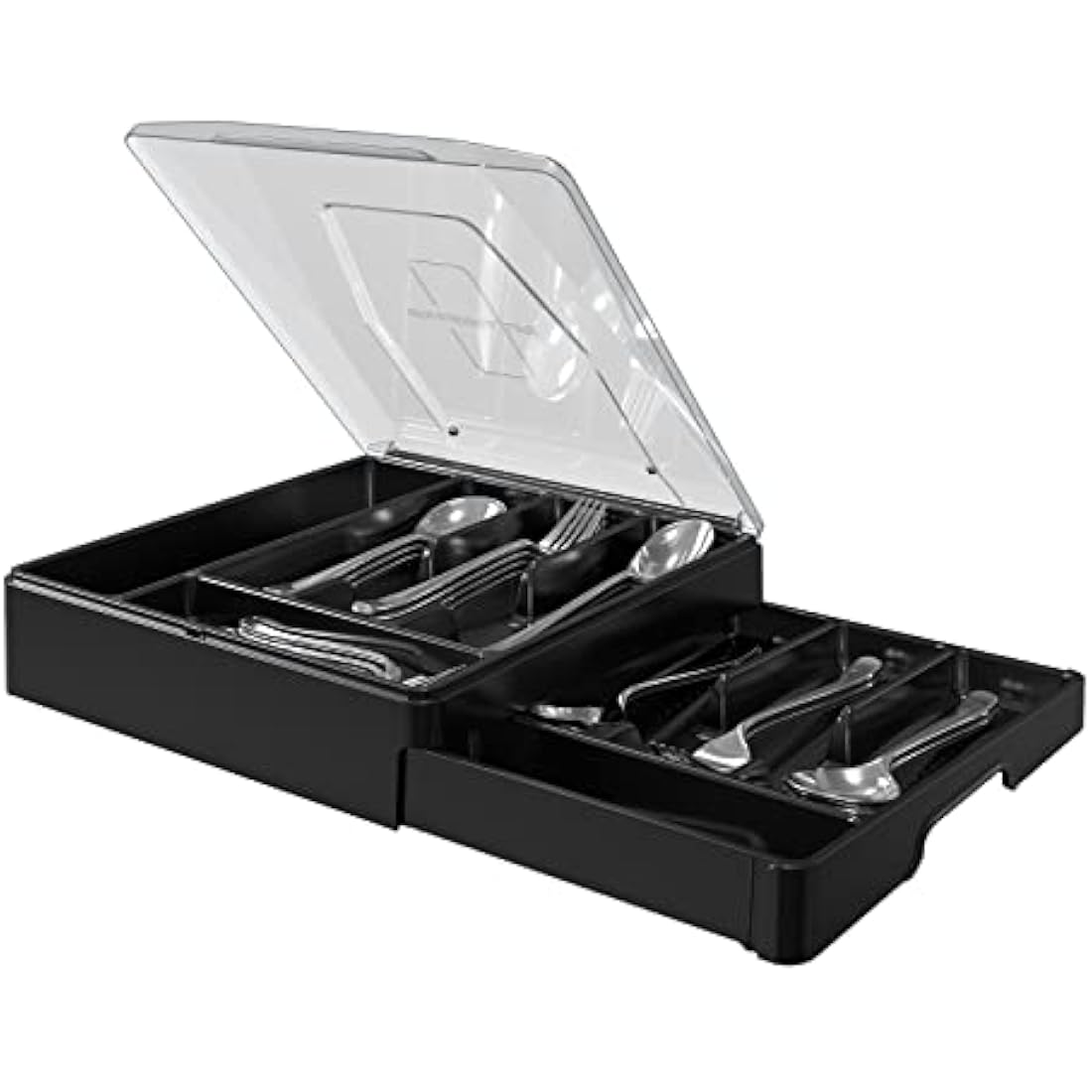WURDON Double Layer Flatware Organizer with Lid, Cutlery Tray for Countertop Silverware Tray for Kitchen Drawers with 2 Tier Utensil Holder and 9 Compartments Silverware Storage Bin (Black)