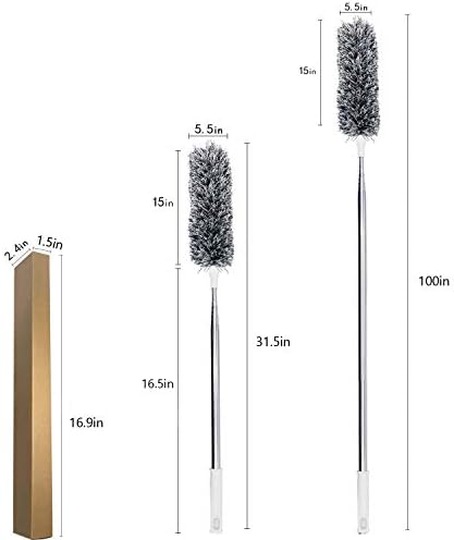 Feather Extendable Telescopic Pole, 100 inches, Microfiber Duster with Washable Bendable Head, for High Ceiling Fans, Blinds, Cobweb, Cars