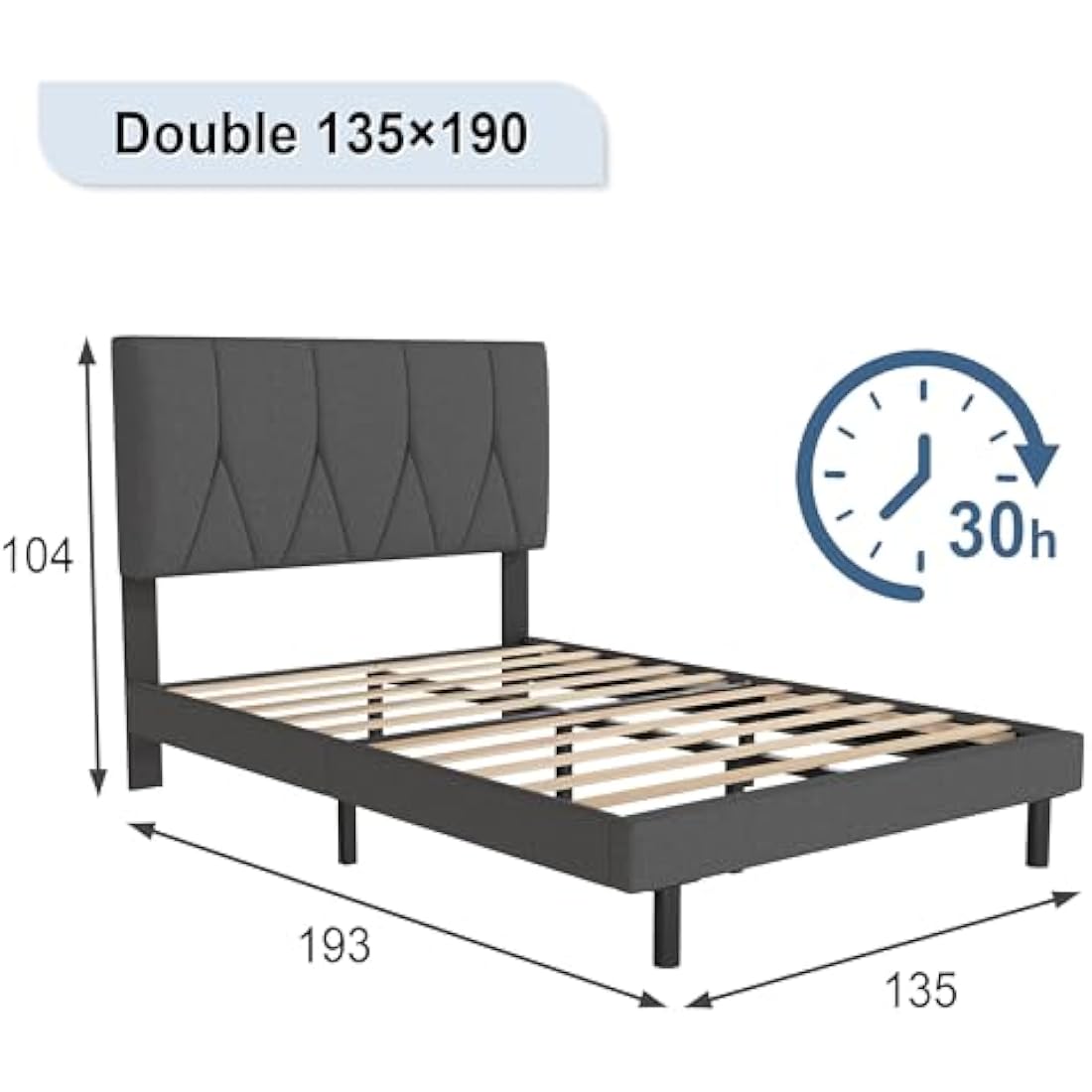 Yocreat Double Bed Frame, Dark Grey, Upholstered Wooden Slat Bed Frame with Headboard, Easy Assembly, Underbed Storage, No Box Spring Needed 135×190
