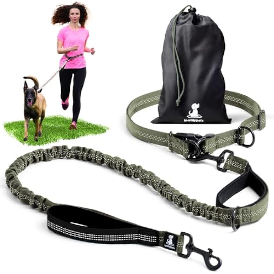 SparklyPets Hands-Free Dog Lead for Medium and Large Dogs – Professional Harness with Reflective Stitches for Training, Walking, Jogging and Running Your Pet (Green Range, For 1 Dog)