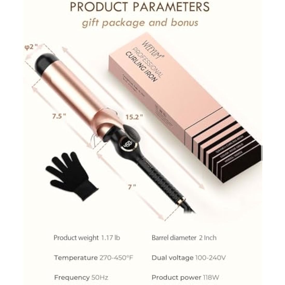 Curling Tongs 50mm, Large Barrel Curling Wand for Hair, Ceramic Long Barrel Hair Curling Iron Dual Voltage
