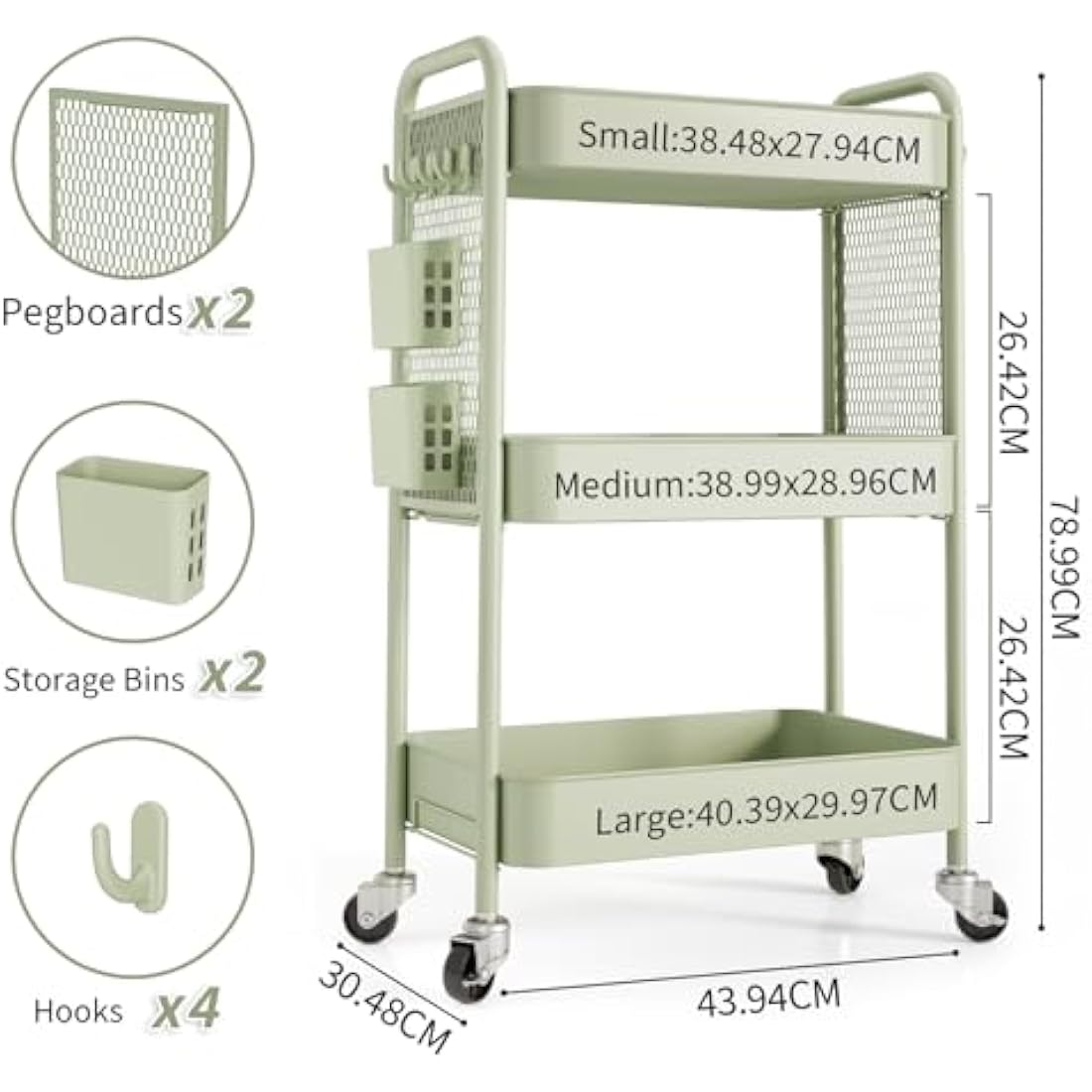 Urackify Storage Trolley on Wheels for Variety Applications, 3 Tier Trolley with Extra DIY Pegboards,Handing Bins, and Hooks for Living Room, Kitchen, Bathroom, Office, Classroom, Green