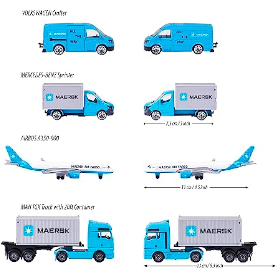 Majorette - MAERSK TRANSPORT VEHICLES (Gift Set) - 4 metal model vehicles (Man Truck, Mercedes-Benz Sprinter, Volkswagen Crafter & Airbus Aircraft), toys for children aged 3+.