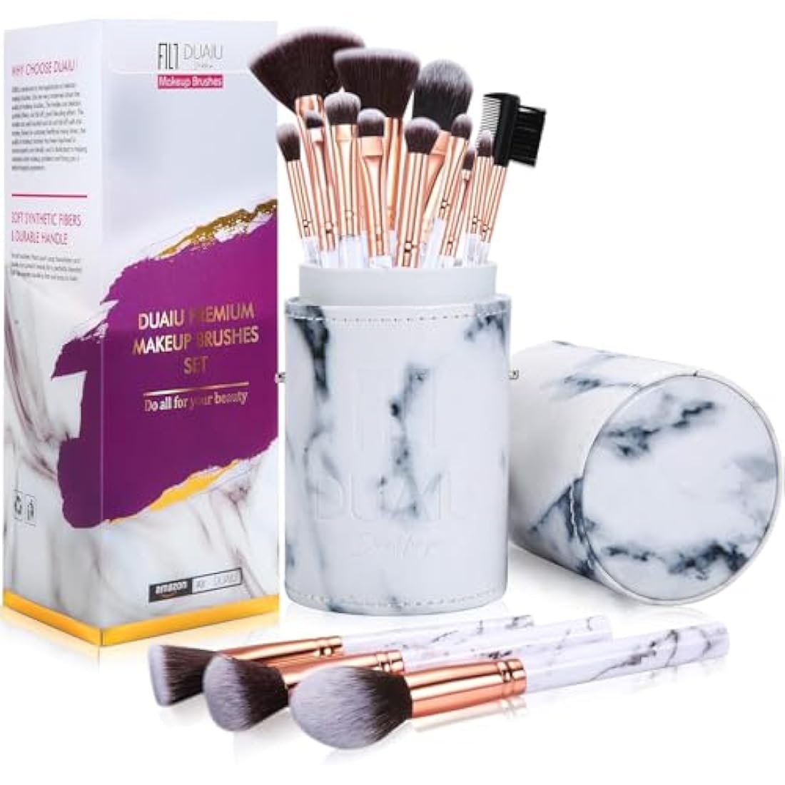 Makeup Brushes DUAIU Makeup Brush Set Professional 15-Piece Marble Make Up Brushes for Foundation Brush Powder Concealers and Eyeshadow Brush with Exquisite Marble Bucket Gift Box White