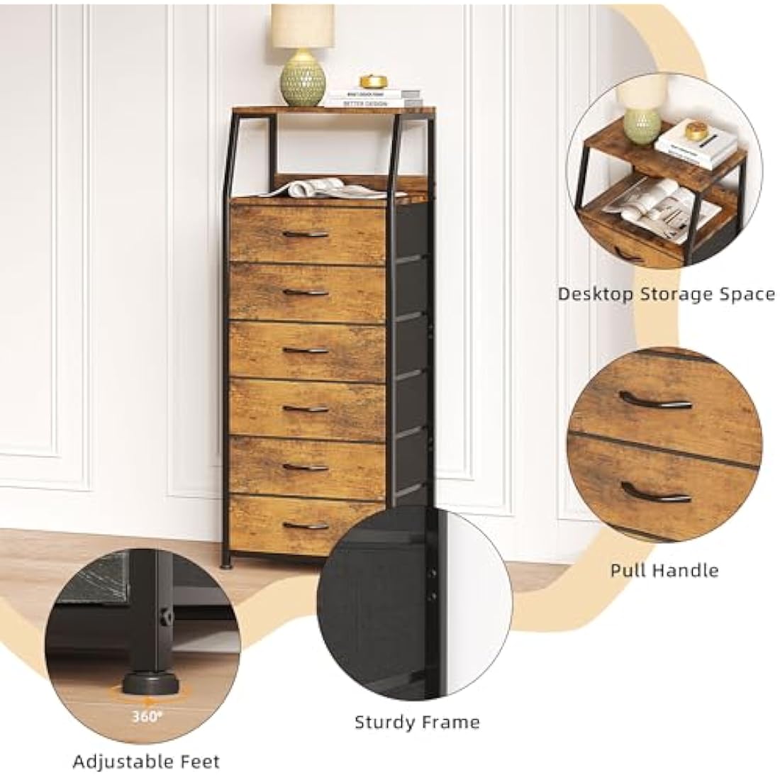 CAIYUN Chest of Drawers Bedroom with 6 Drawers, Tall Fabric Dresser with Shelf, Fabric Dresser for Entryway Hallway Living Room, Closet Storage Drawer, Rustic Brown