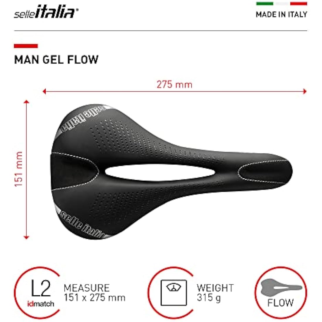 Selle Italia - Man Gel Flow Road Bike Saddle, Rail Manganese Tube Ø7, Road Saddle Gran Turismo Fiber-tek Comfort Gel, Shock Absorber
