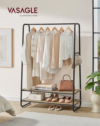 VASAGLE Clothes Rail, Clothes Rack with 2 Shelves, 6 S-Shaped Hooks, Steel Frame, for Bedroom, Turquoise Brown and Matte Black RGR112K01