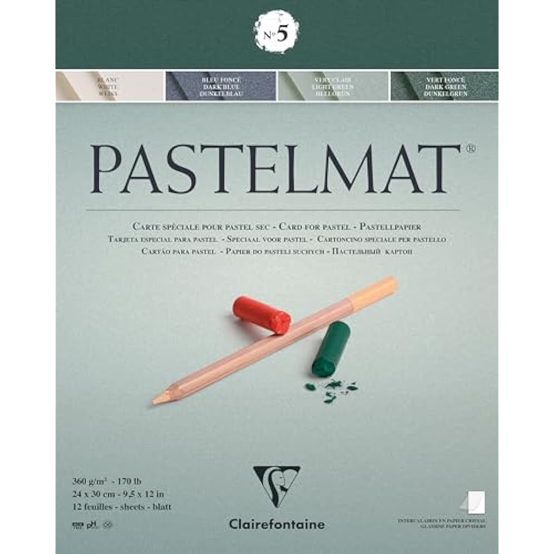 Clairefontaine - Ref 96114C - Pastelmat Pastel Card Pad No.5 (12 Sheets) - 360gsm Card - 24 x 30cm - Assorted Colours - Specially Formulated For Use With Pastels