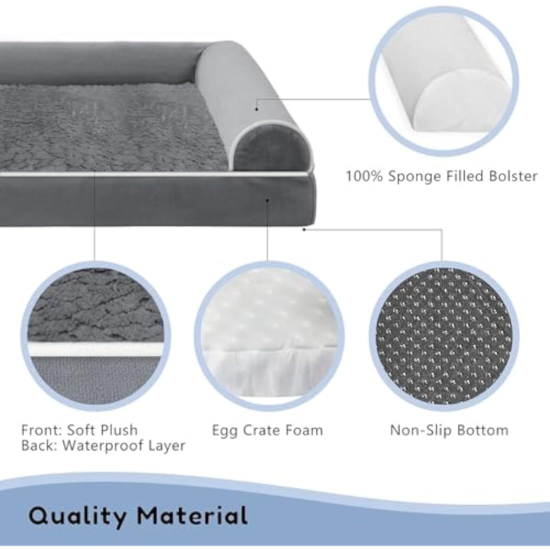WESTERN HOME Dog Beds Large Washable,Soft Orthopedic Dog Beds with Removable Washable Cover with U-Shape Bolster Dark Grey,91 x 68 x 16.5 cm