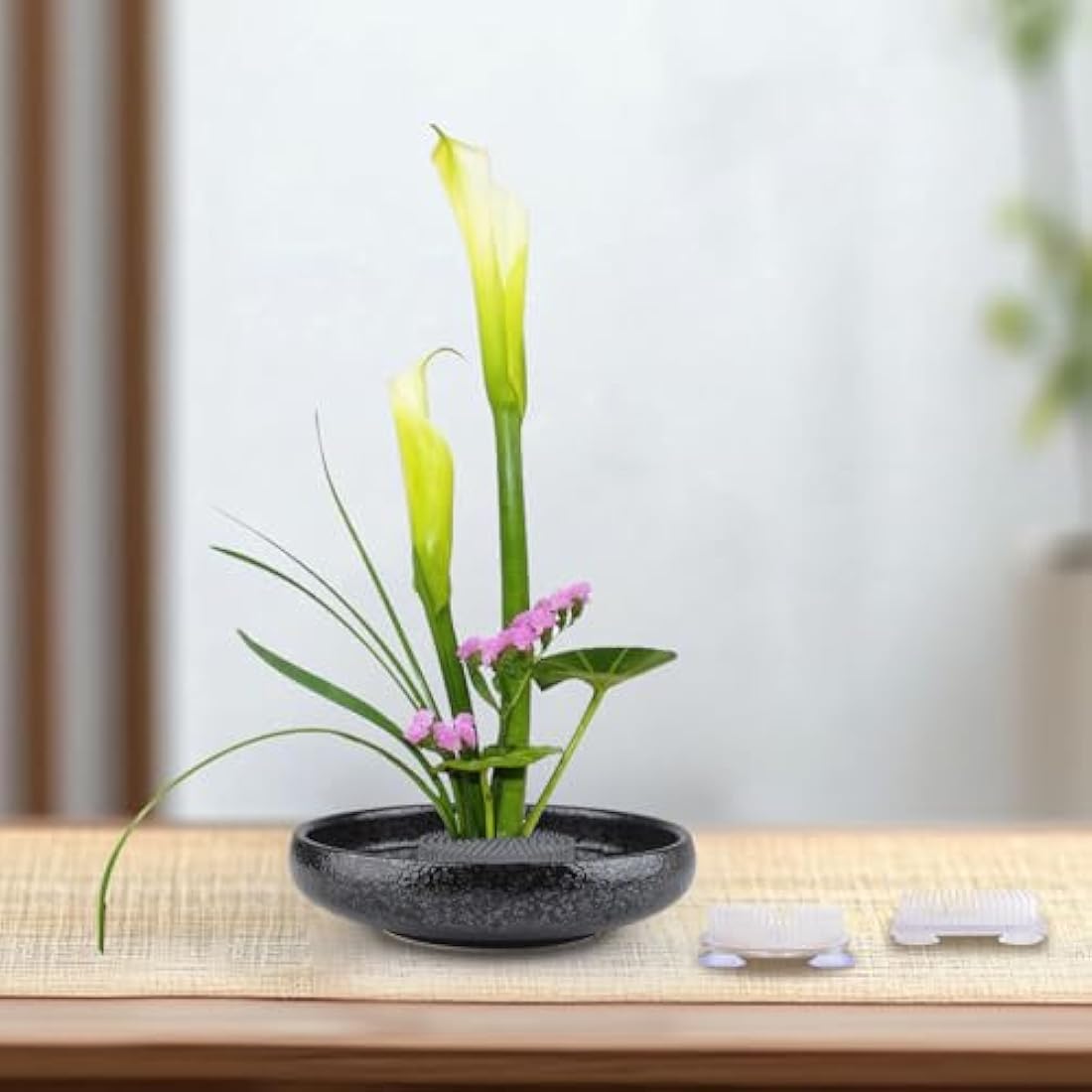WANDIC 2Pcs Flower Frog, Round Rectangle Clear Plastic Ikebana Kenzan Frog Japanese Holder with 3 Suckers for DIY Flower Craft