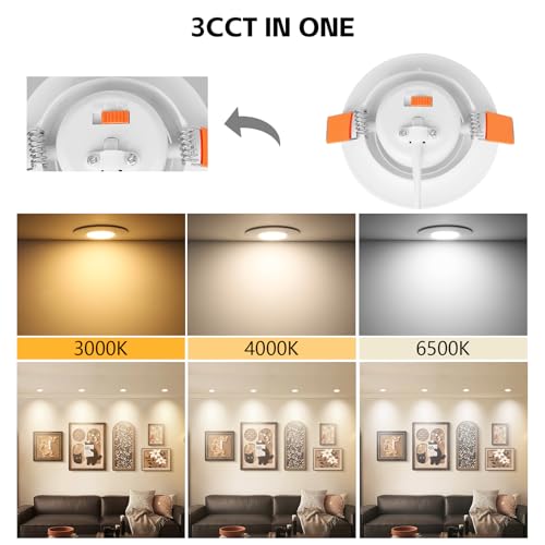 GeyouLux 3CCT LED Recessed Spotlight Dimmable 230V 4.9W IP44 Bathroom Spotlight 68-80 mm 45 Rotatable Extra Flat Round White Ceiling Light for Living